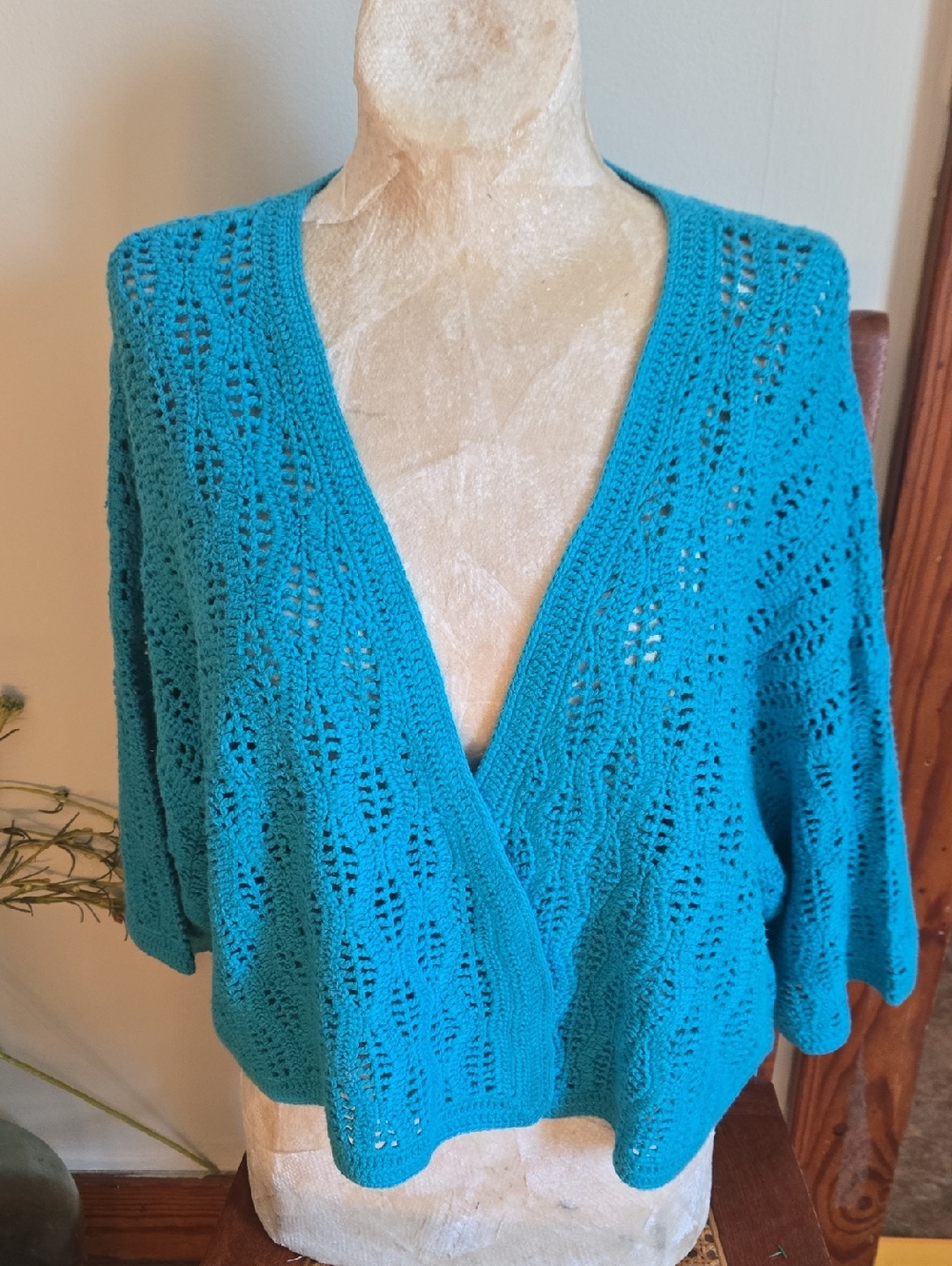 Turquoise Open-Knit Crochet V-Neck Cardigan Size 18/20 - Picture 2 of 5
